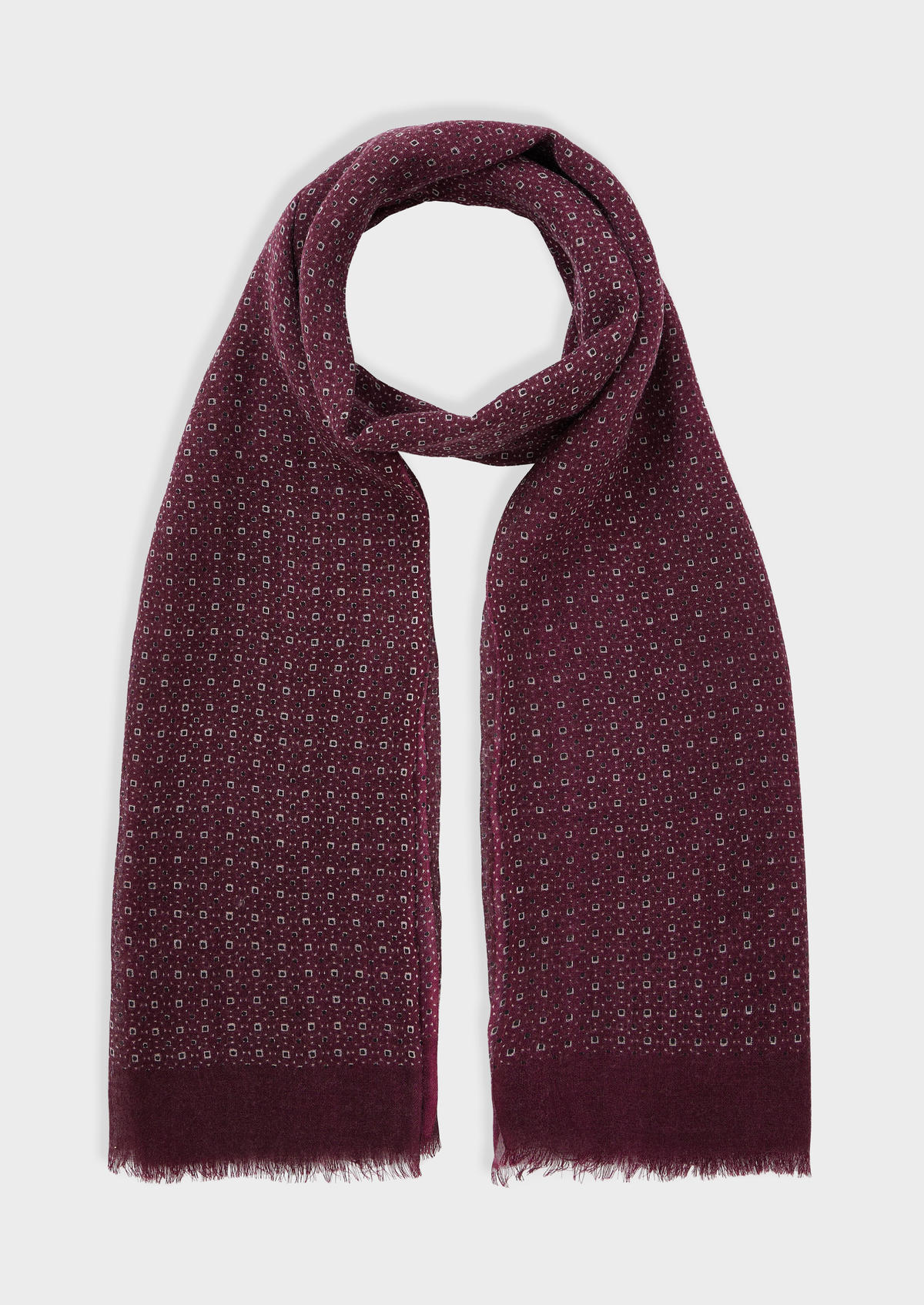 Echarpe en laine bordeaux à motif fantaisie blanc et noir