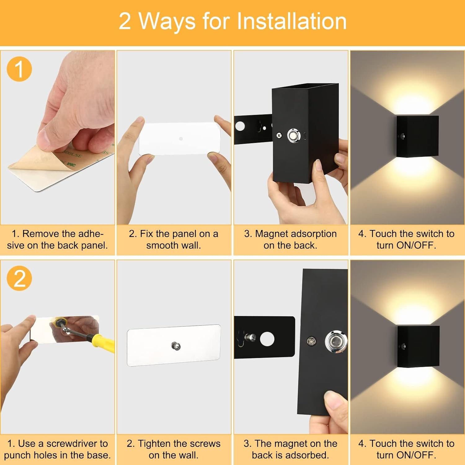 (12x12cm) 2 LED's Touch Lampe Wandleuchte Magnetische USB Home Deko Beleuchtung mit Dämmerungssensor - Schwarz