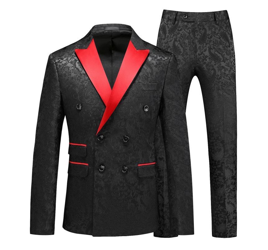 Sheck - Set: Peak Lapel Two Tone Paisley Double-Breasted Blazer + Mid Rise Straight Leg Dress Pants