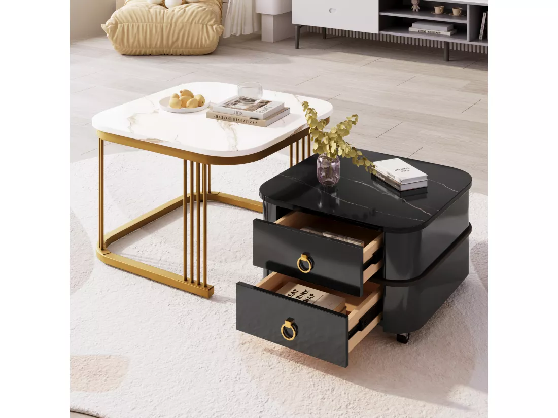 Lot de 2 tables basses gigognes avec 2 tiroirs, table basse carrée - plateaux en motif marbre - bois et métal - noir brillant