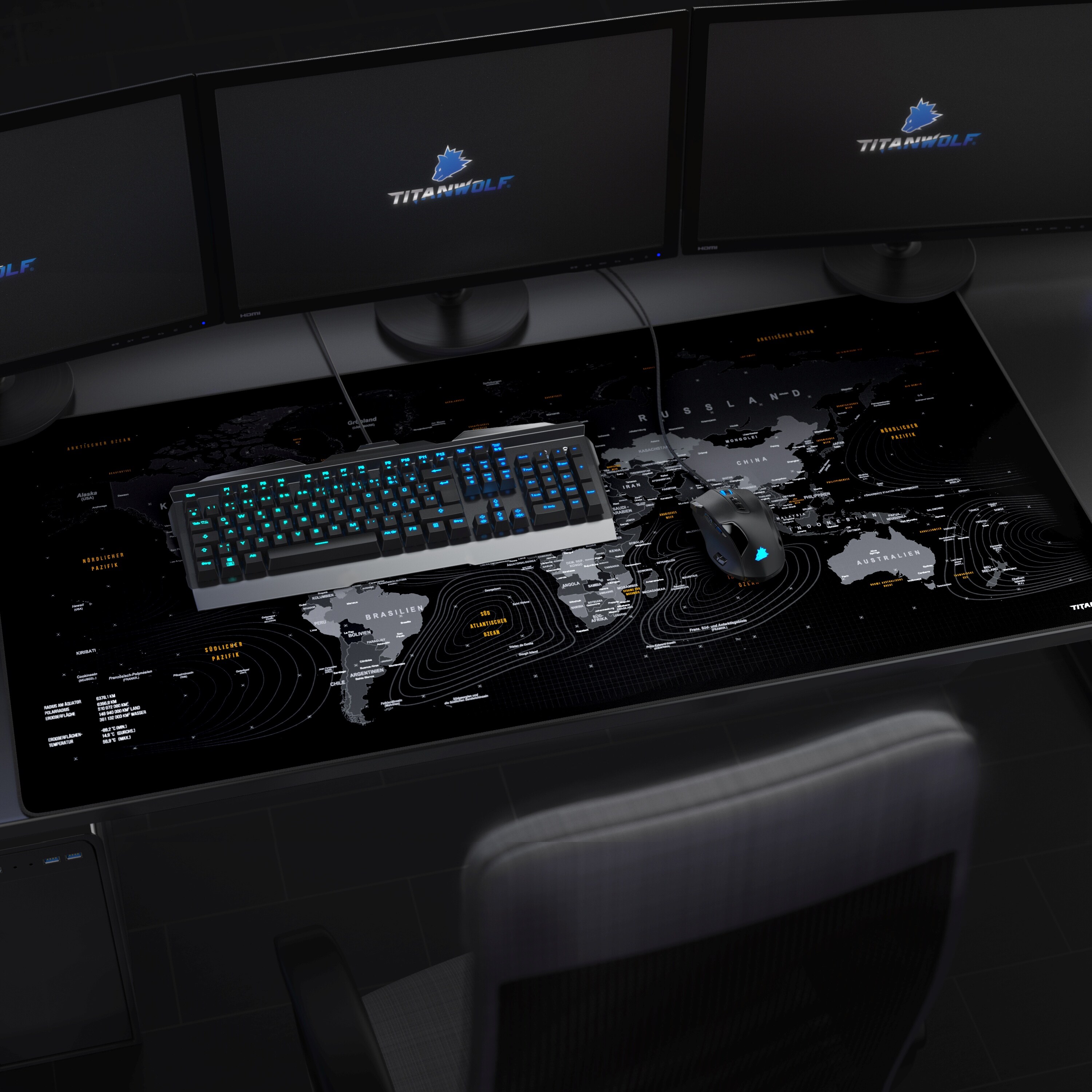 Titanwolf Gaming Mauspad, XXXL Speed Mousepad 1200 x 600 mm, Geschwindigkeit & Präzision, Weltkarte deutsch