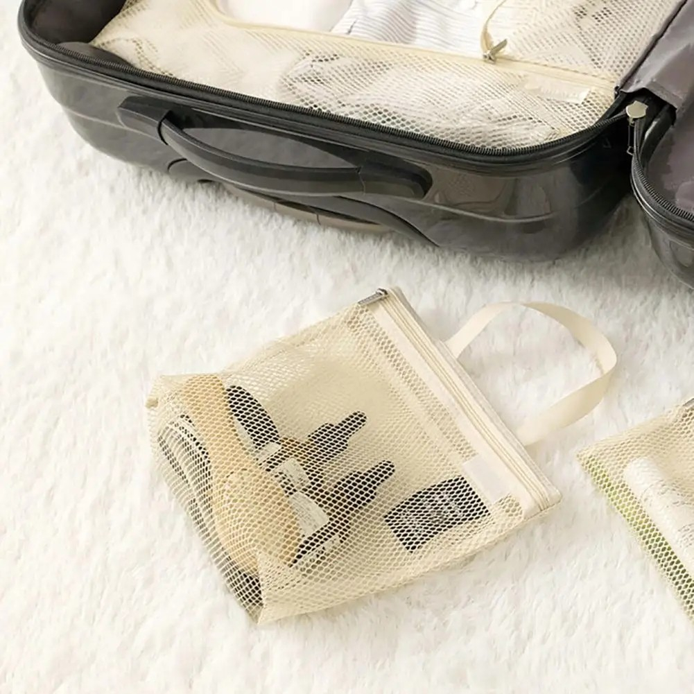 (22x20cm) Mesh Reise Kulturbeutel Necessaire Dusch Organizer Bag mit Reissverschluss - Beige