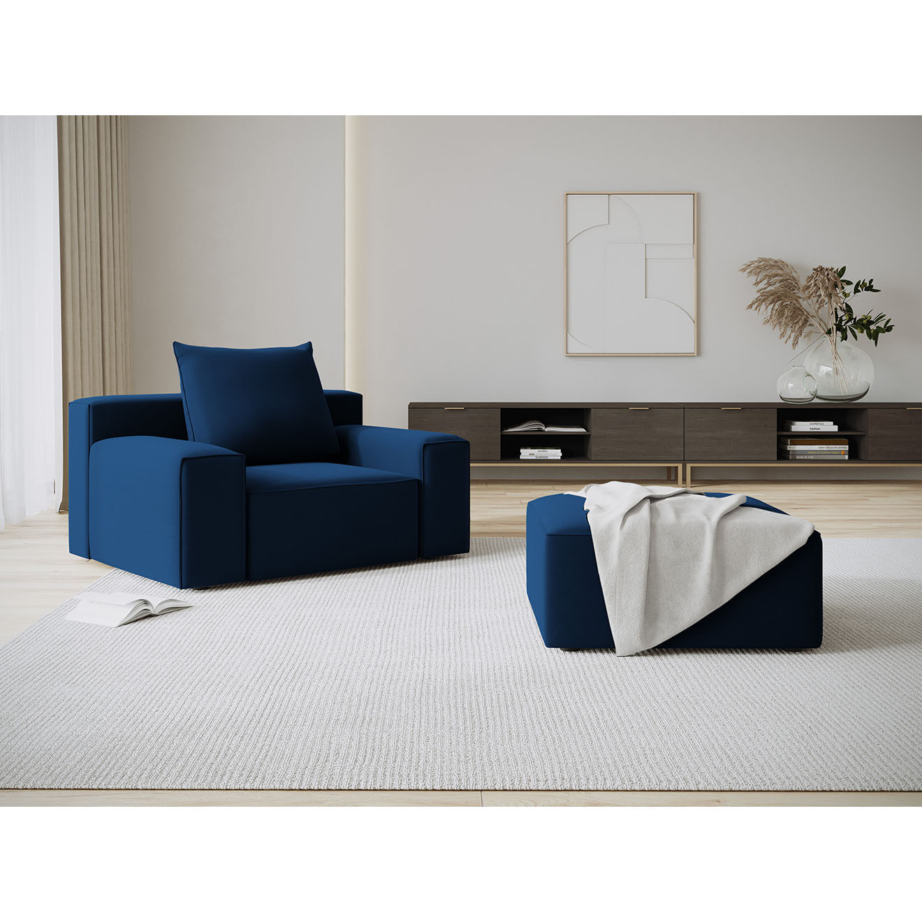 Mazzini Sofas Pouf Velours Ivy bleu roi - 106x80x35 cm