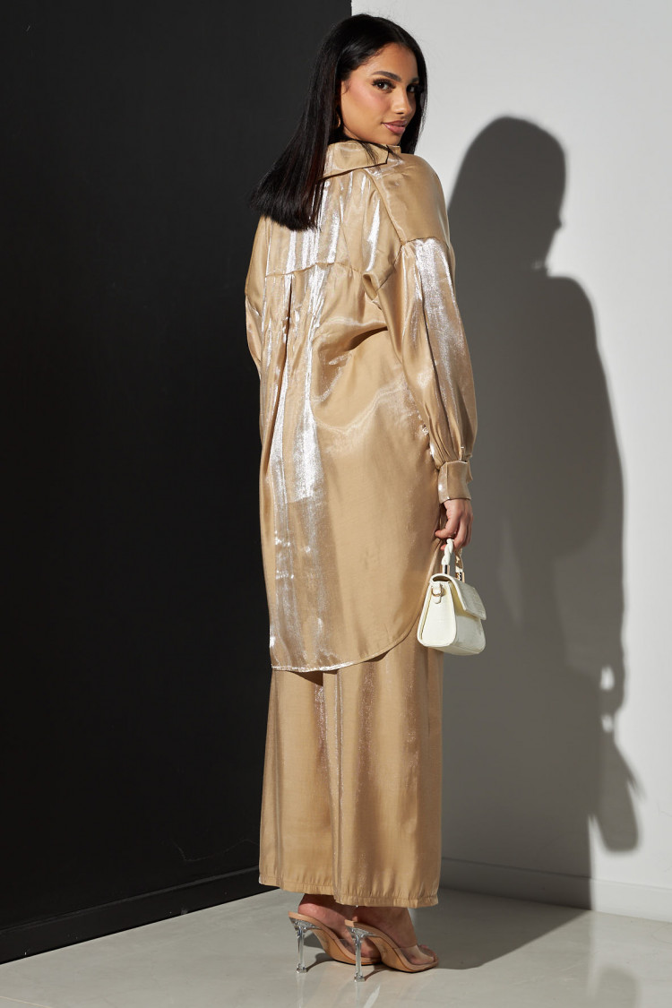 Ensemble 2 pièces chemise + pantalon satiné camel