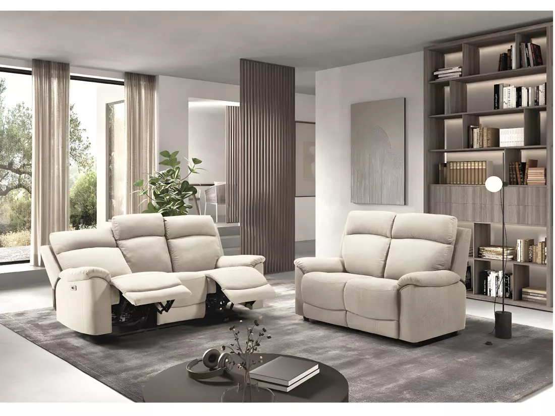 Canapé de relaxation en tissu Katika-Couleur Beige clair-Système Electrique-3 places