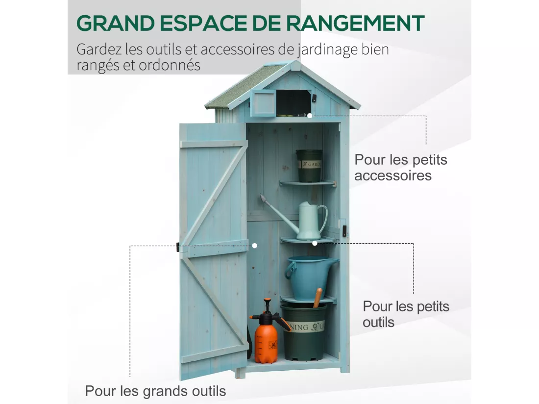 Armoire abri de jardin remise pour outils 3 étagères 2 portes loquets toit pente bitumé 77L x 54l x 179H cm sapin traité bleu