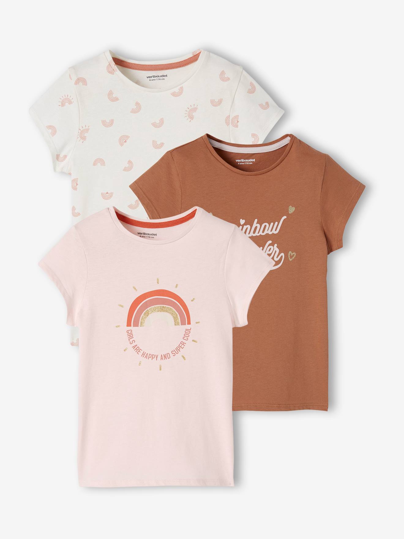 Conjunto de 3 camisetas sortidas com detalhes iridescentes, para meninas, cor damasco.