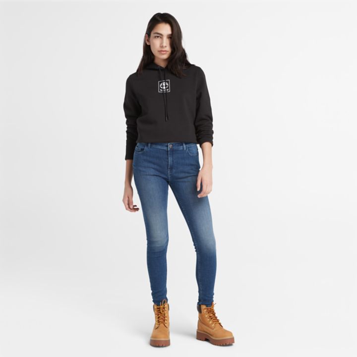 Moletom com capuz Small Stack Logo para mulheres na cor preta.