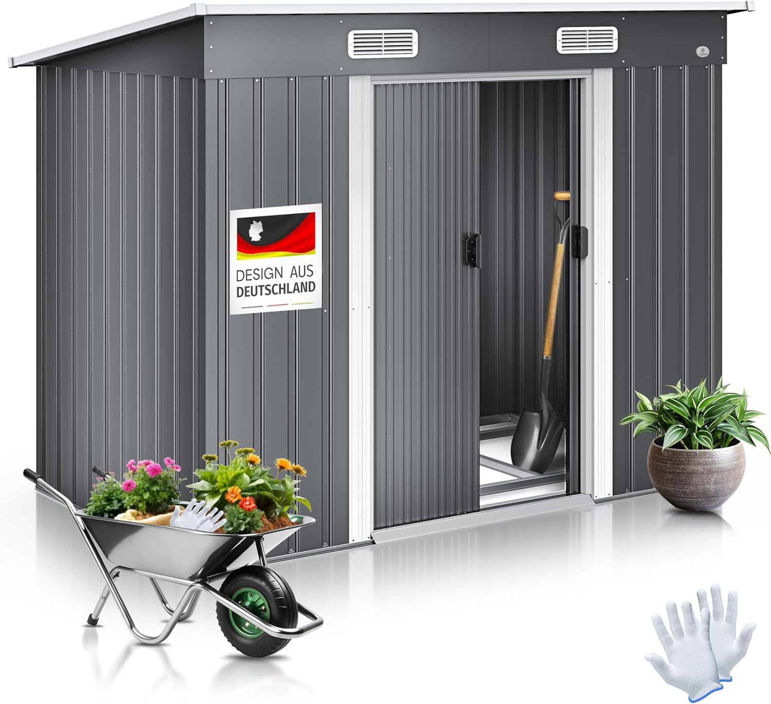 KESSER® - Gerätehaus L Metall 4 m³ mit Fundament | 194x121x181 cm | 2X Schiebetür & Fundament | Geräteschuppen | Gartenhaus Schrank | Pultdach Garten Schuppen, Ink. Arbeitshandschuhe Grau