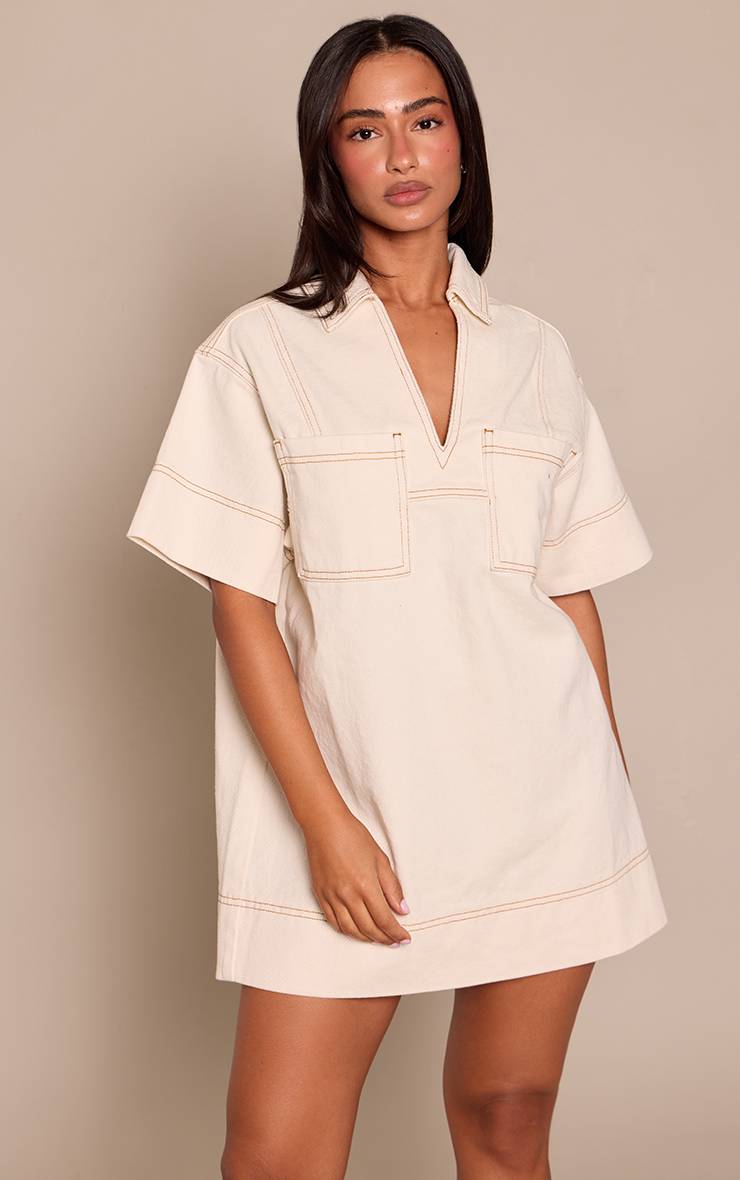 Ecru Robe En Denim À Manches Courtes Avec Coutures Contrastées Petite