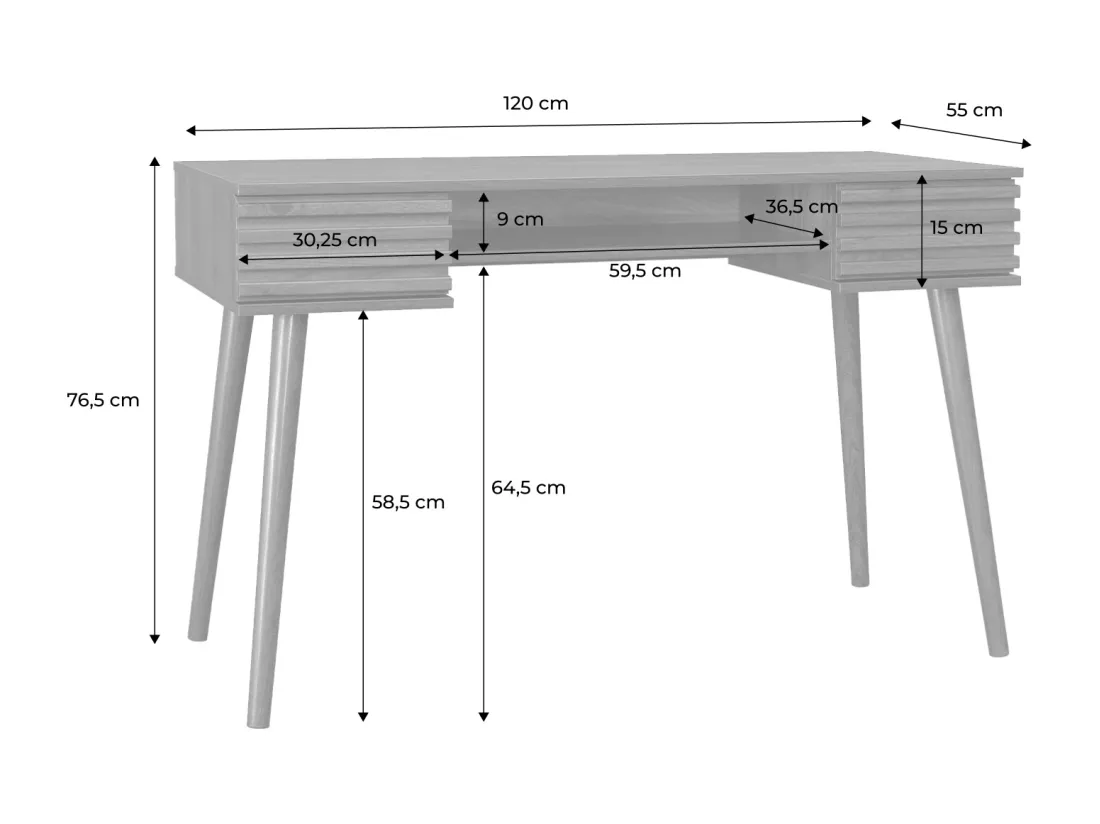 Bureau effet bois 2 tiroirs MADERE noyer. 1 casier. façade rainurées. 120 x 55 x 76.5 cm