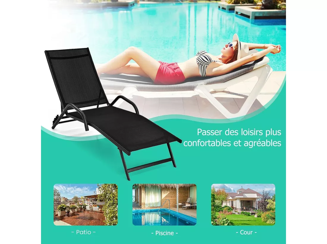 Lot de 2 Bains de Soleil Inclinables d'Extérieur avec Accoudoirs et Dossier Réglable à 5 Positions, Charge 150 kg, Noir