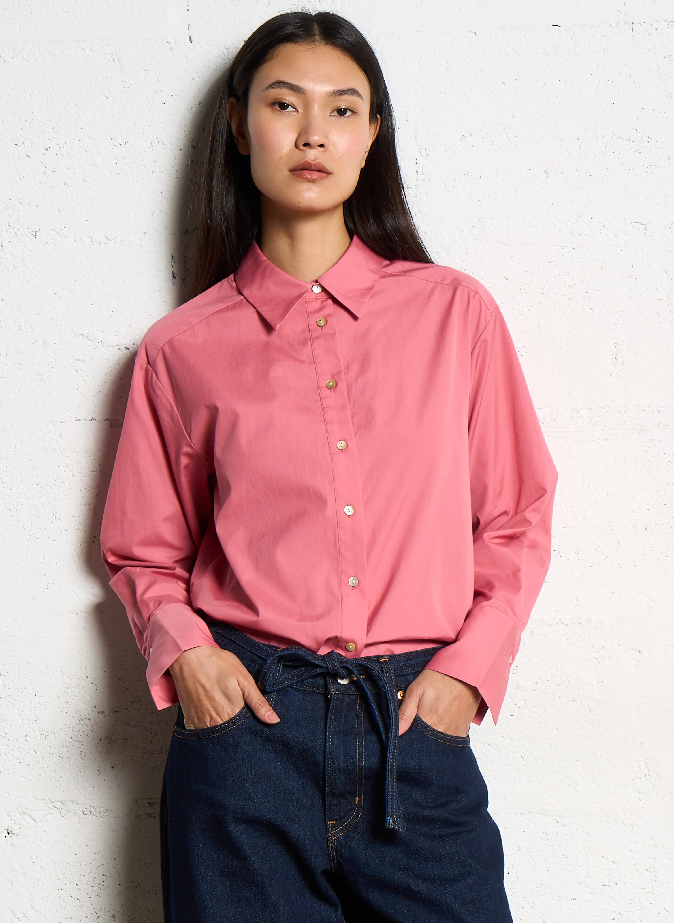POP - Chemise droite col classique en coton | Rose