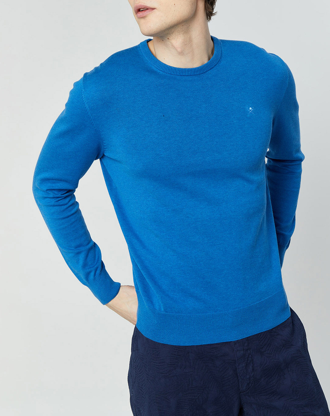 Hackett London Pull en Coton & Soie col rond bleu vif