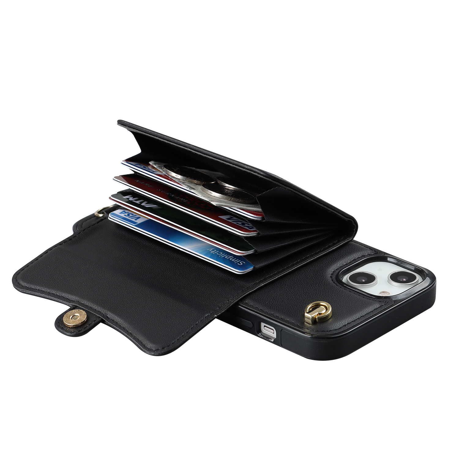 iPhone 14 / iPhone 13 Necklace Leder Schutz Hülle mit Kartenfach   Handykette (140cm) - Schwarz