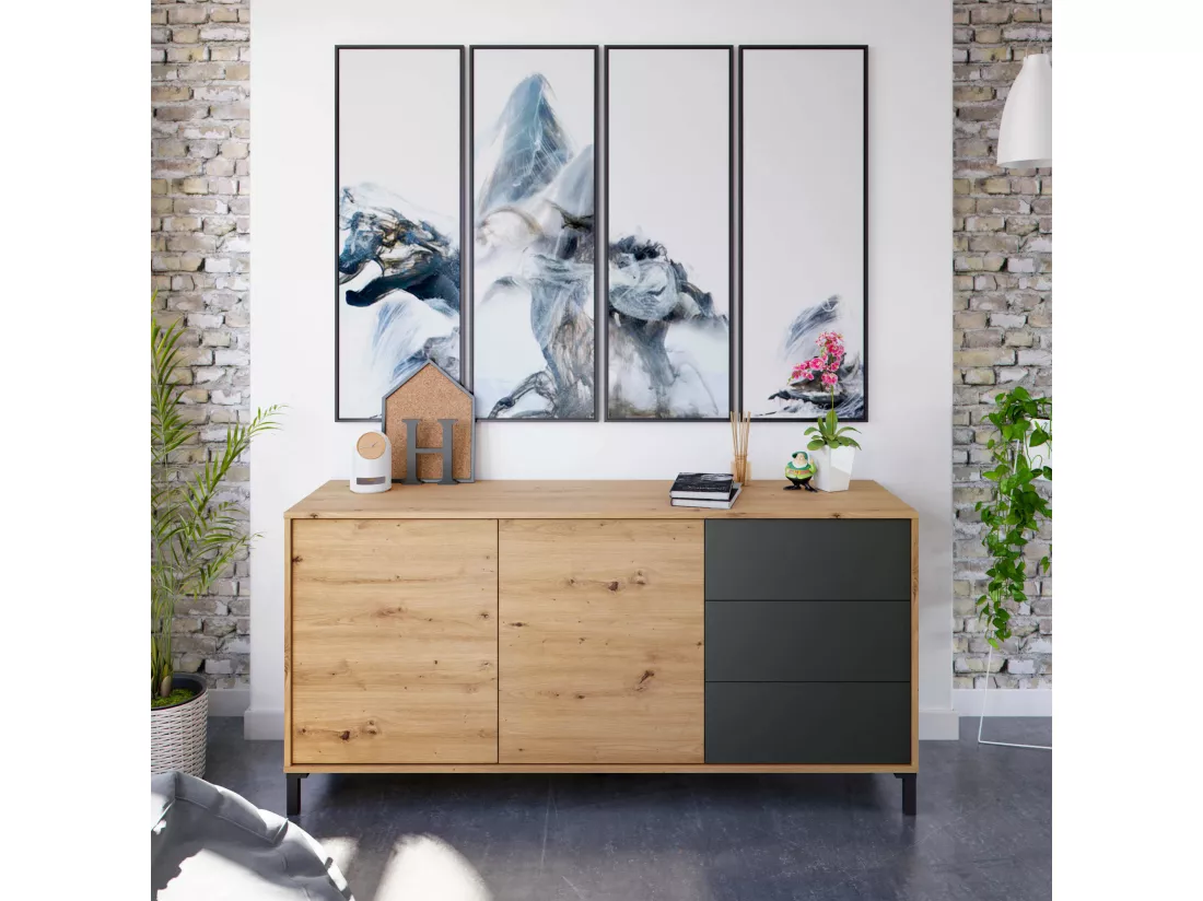 Buffet Dbog, Buffet de salon, Meuble TV, Armoire de salon, Buffet moderne avec 2 portes et 3 tiroirs, 154x41h74 cm, Chêne noué et Anthracite