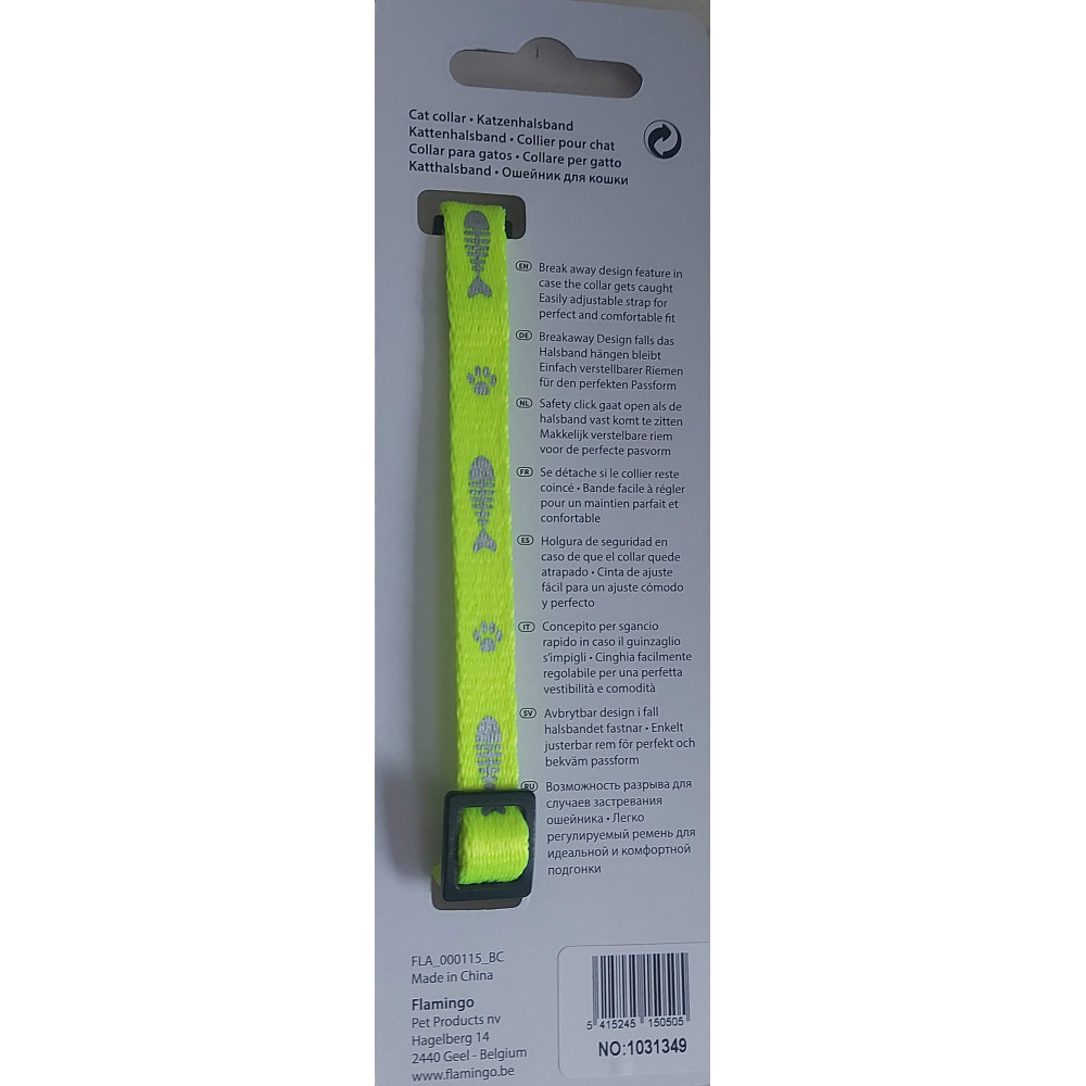 Collier réglable de 20 à 35 cm jaune motif poisson + clochette pour chat