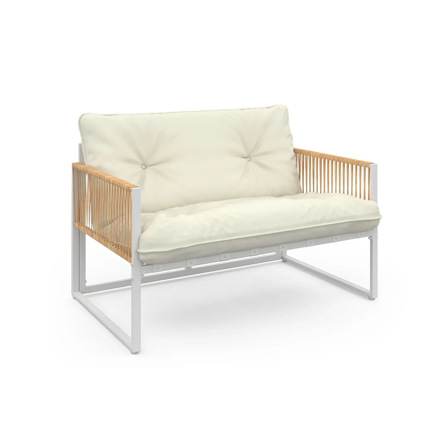 Salon de jardin bas RIO 4 places structure métal blanc, cordage effet rotin clair et coussins beige