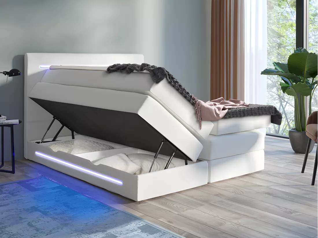 Ensemble complet boxspring tête de lit avec leds + sommiers coffre + matelas + surmatelas - 160 x 200 cm - Simili - Blanc - KEROS de YSMÉE
