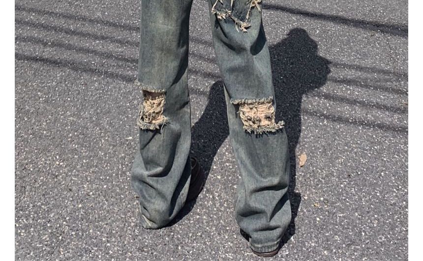 AXEN - Low Rise Washed Ripped Straight Leg Jeans