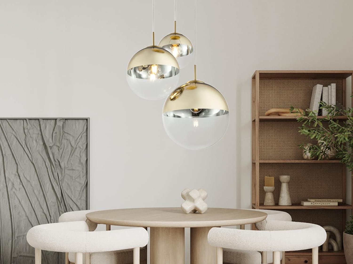 meineWunschleuchte Ausgefallene Pendelleuchte 3-flammig mit Glaskugeln in Gold & Klarglas