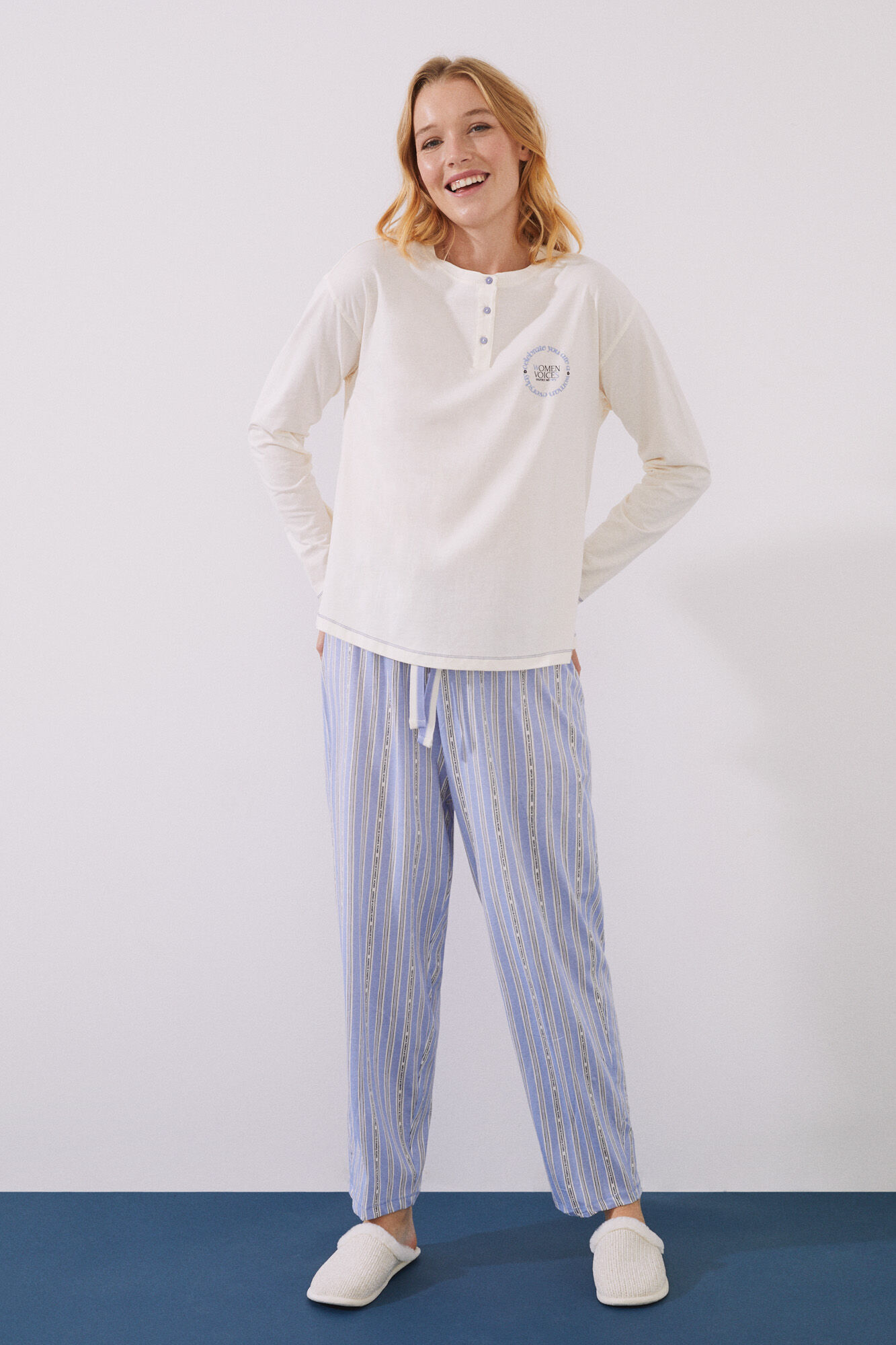 Pijama comprido Women Voices 100% algodão - Bege