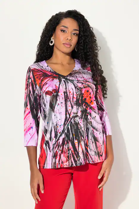 Slinky-Longshirt, abstrakter Druck, V-Ausschnitt, 3/4-Arm, salsa