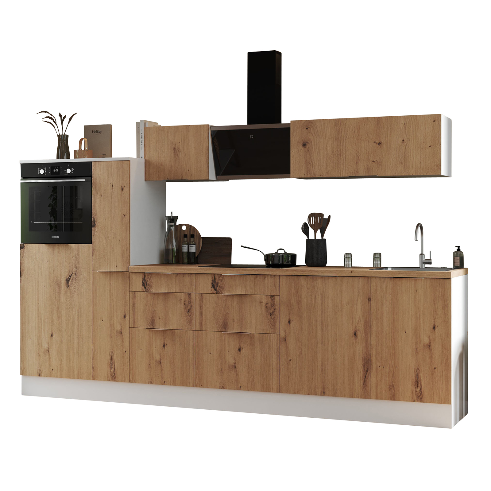 RESPEKTA Küchenblock - Artisan Eiche - weiß matt - mit E-Geräten - 310 cm