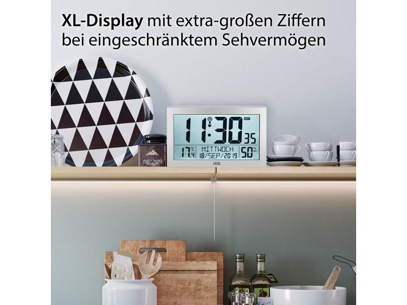 ADE Funk-Wanduhr XL, Silber Wecker mit digitaler Anzeige