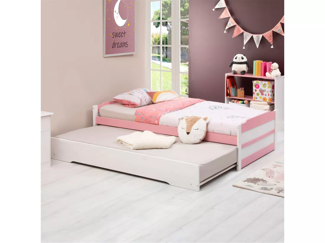 Lit gigogne LORENA 1 personne tiroir lit fonctionnel 90 x 190 cm pin massif lasuré blanc et rose