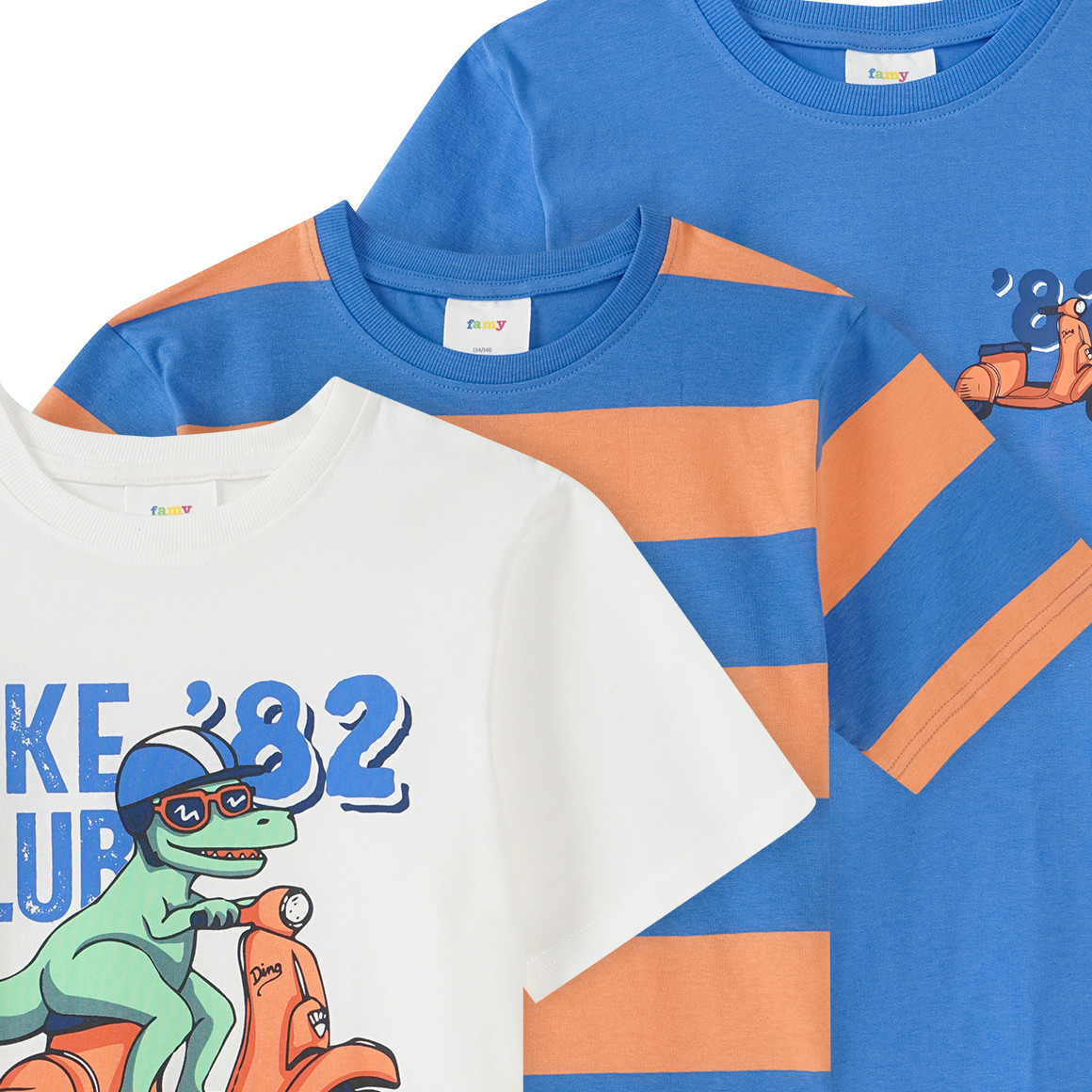 Famy 3 Jungen T-Shirts in verschiedenen Dessins weiss / blau / orange