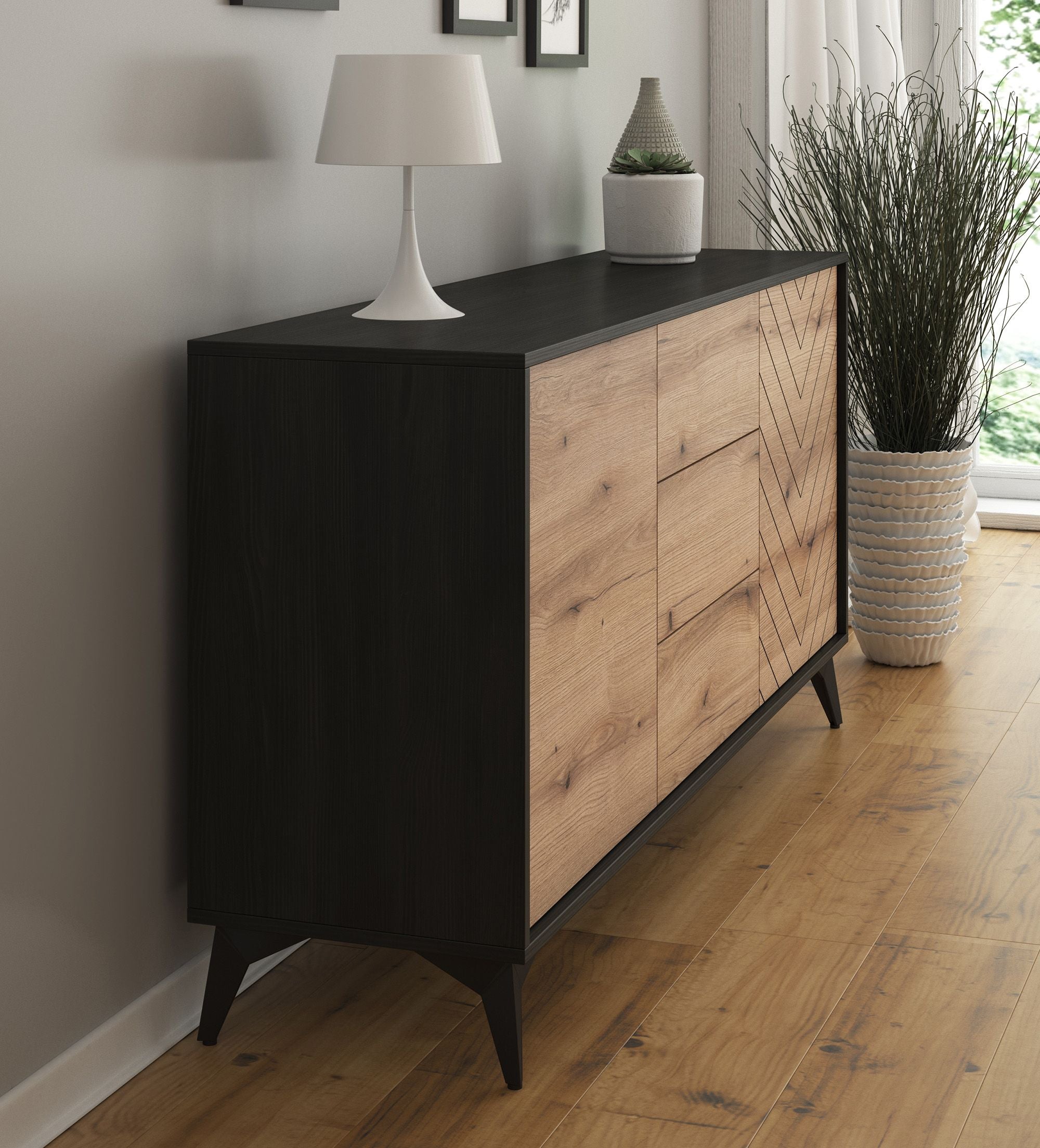 Meubella - Dressoir Dolores - Eiken - Zwart - 154 cm - met lades