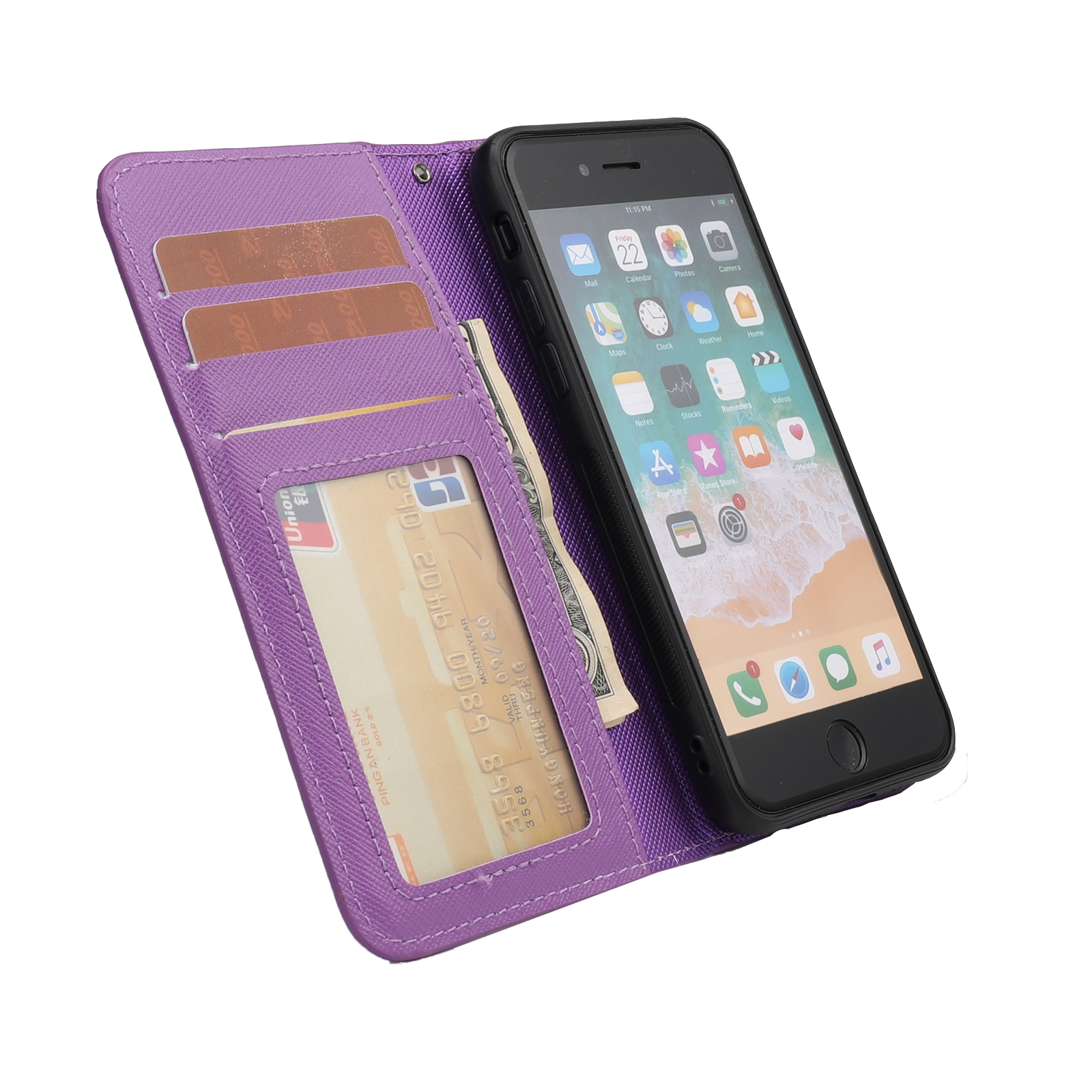 iPhone SE (2022/2020) / 8 / 7 Leder Tasche mit Kartenfächer   Magnetische Schutzhülle - Lila