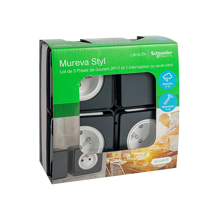 3 prises avec terre + 1 interrupteur va-et-vient Schneider Electric Mureva Styl gris anthracite, lot