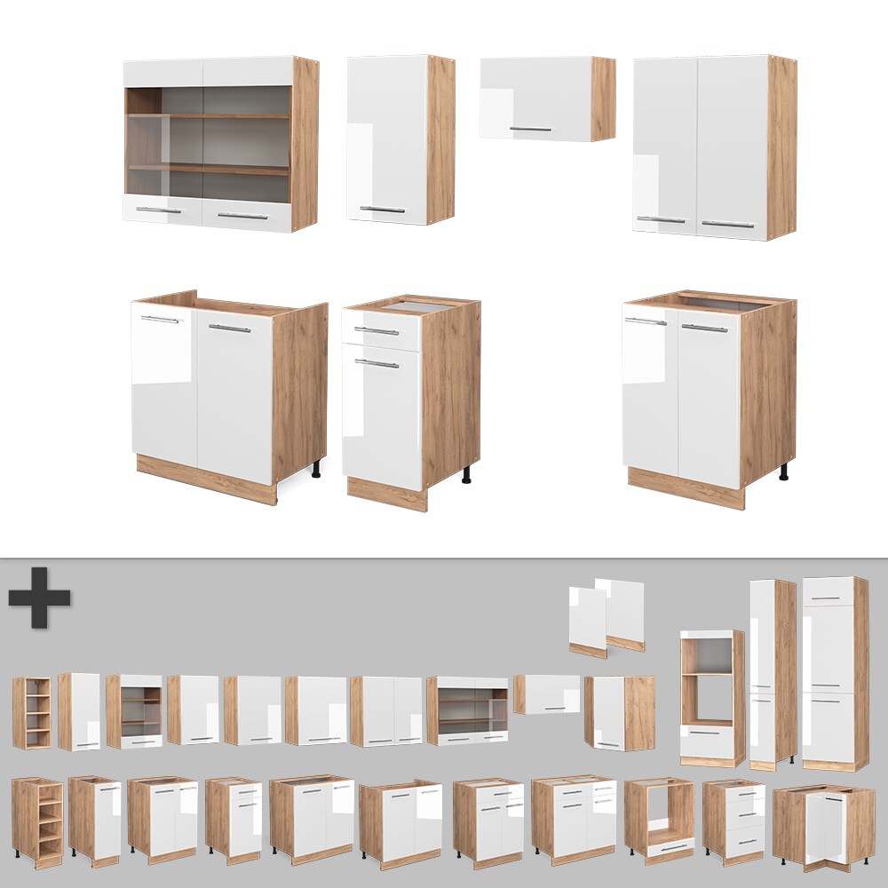 Vicco Küchenzeile Küchenblock Einbauküche Fame-Line Eiche Weiß 240 cm modern Küchen Schränke Spülenunterschrank Schubunterschrank Hängeschrank Hängeglasschrank Hochglanz