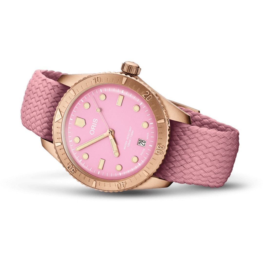 Oris Divers Sixty-Five Cotton Candy Lippenstiftrosa auf Perlonband