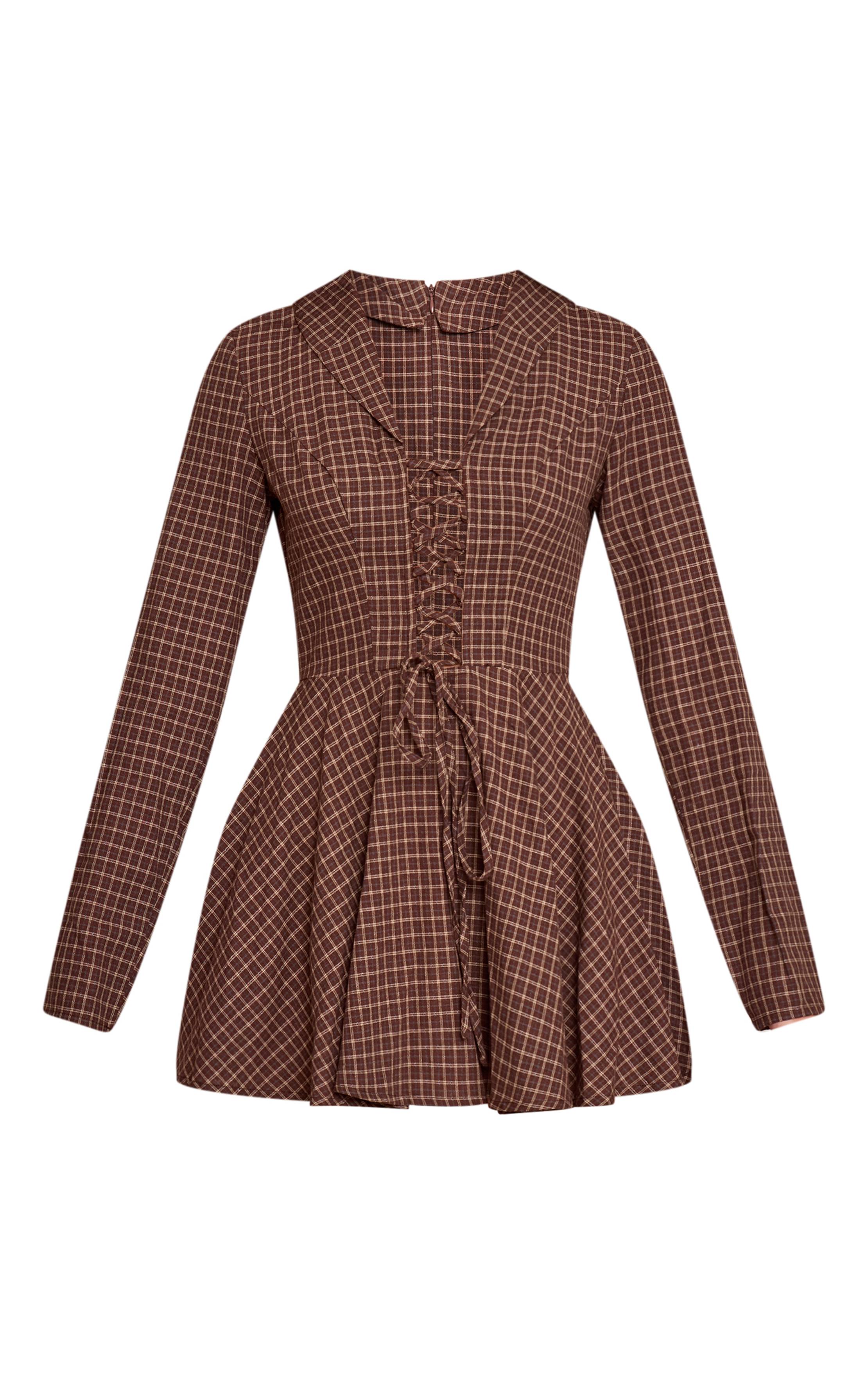 Marron Robe Droite À Carreaux À Manches Longues Avec Laçage