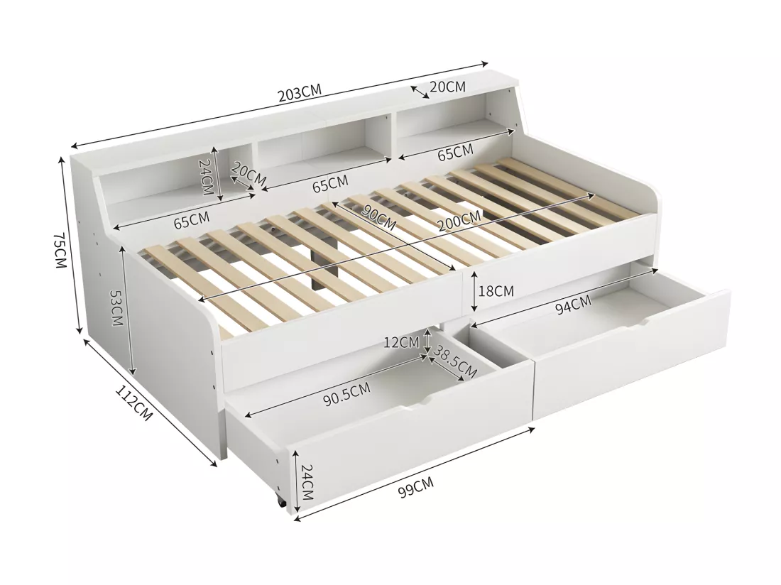 Lit banquette - Canapé lit 90x200cm avec 2 tiroirs - Blanc