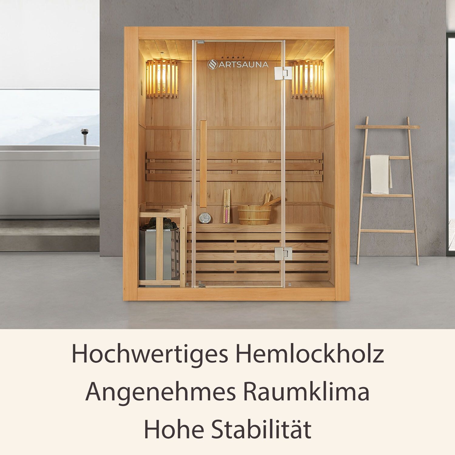 Artsauna Saunakabine Tampere mit Harvia Ofen – 2 Personen – Hemlock Holz & Glasfront – Inkl. Zubehör