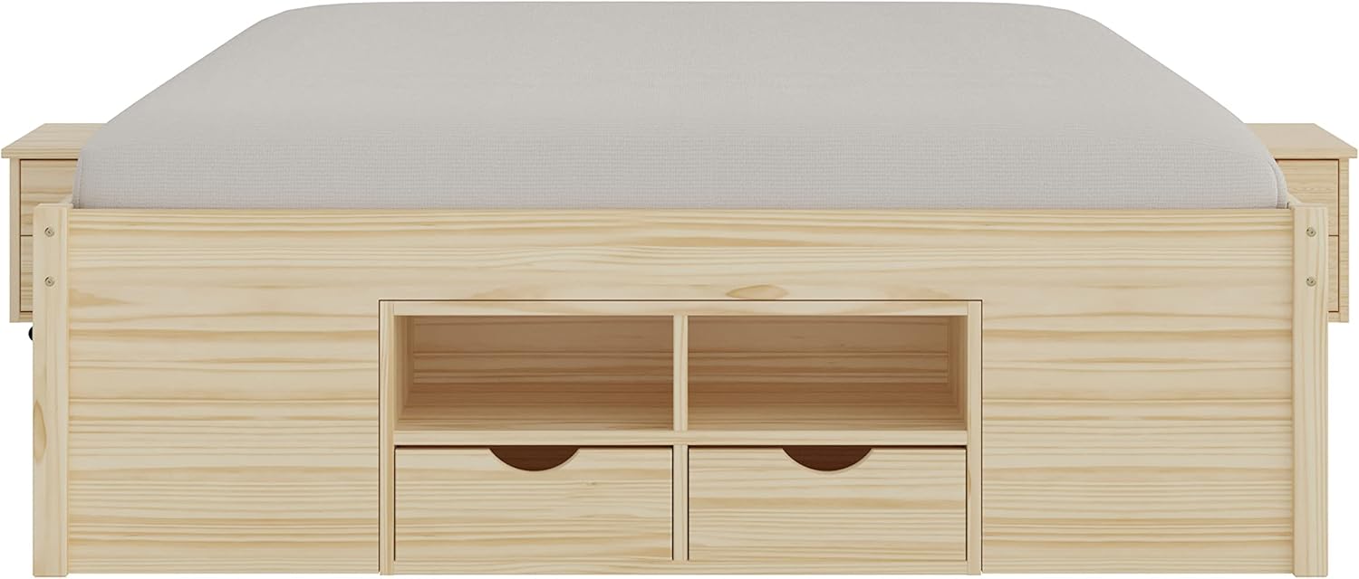Inter Link - Funktionsbett - Bett mit Schubladen - Doppelbett 160 x 200 cm - 2 Große und 4 kleine Schubladen - Nachtkommode - Kiefer massivholz - Inkl Lattenrost - Natur lackiert - Claas
