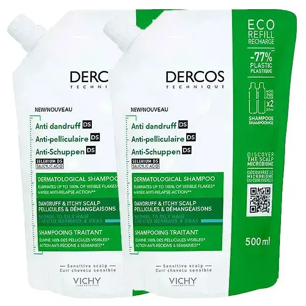 Vichy Dercos Shampooing Antipelliculaire DS Cheveux Gras 2x Écorecharge 500ml