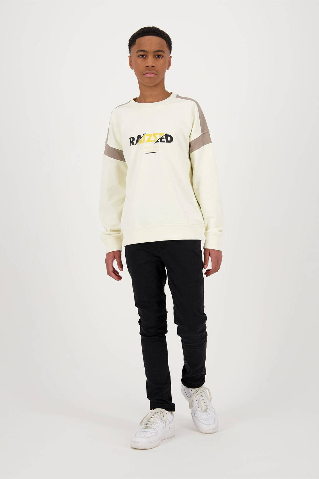 Raizzed sweater Jamison met tekst beige