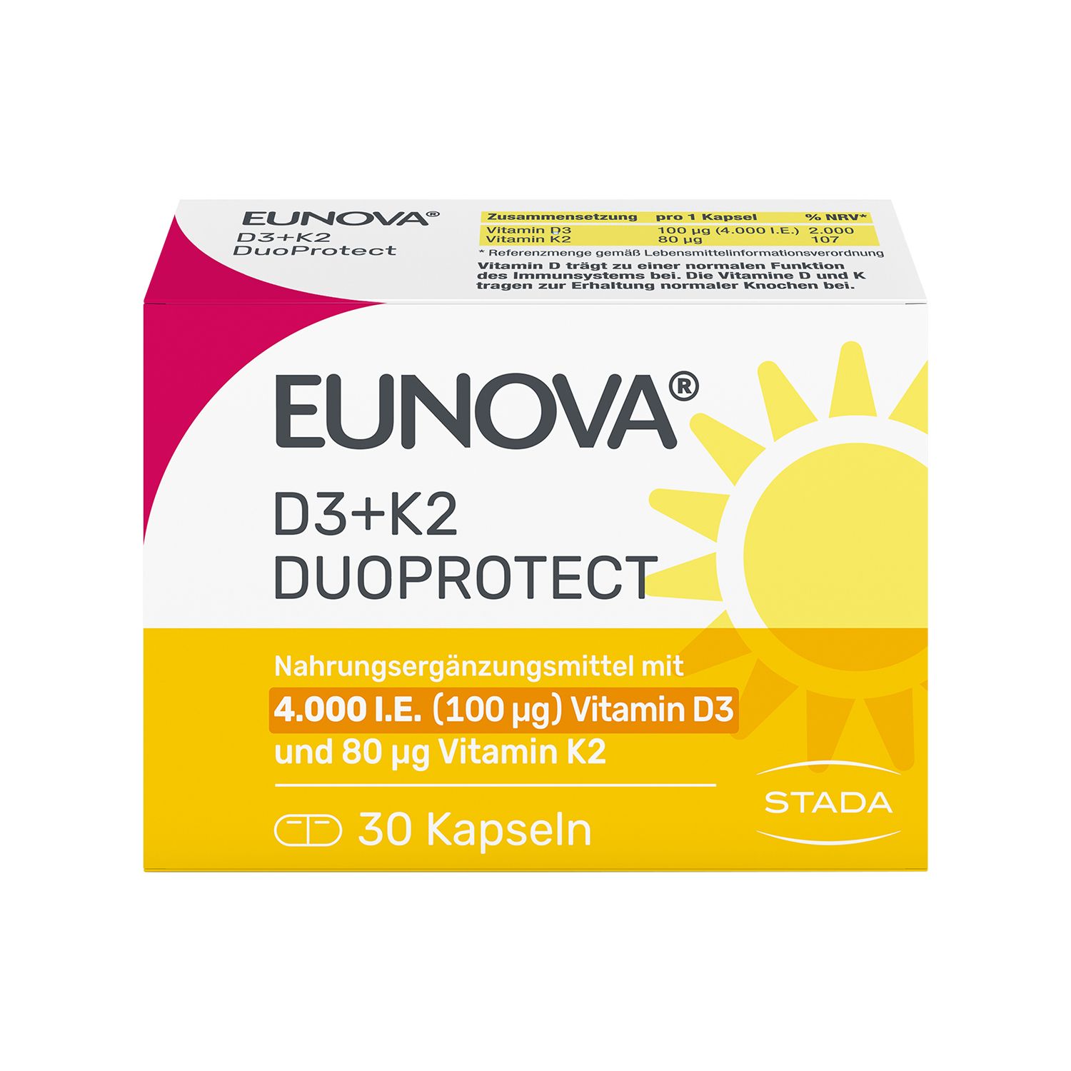 EUNOVA® D3 + K2 DuoProtect – 4.000 I.E.  Nahrungsergänzungsmittel mit zur normalen Funktion des Immunsystems & Erhaltung normaler Knochen