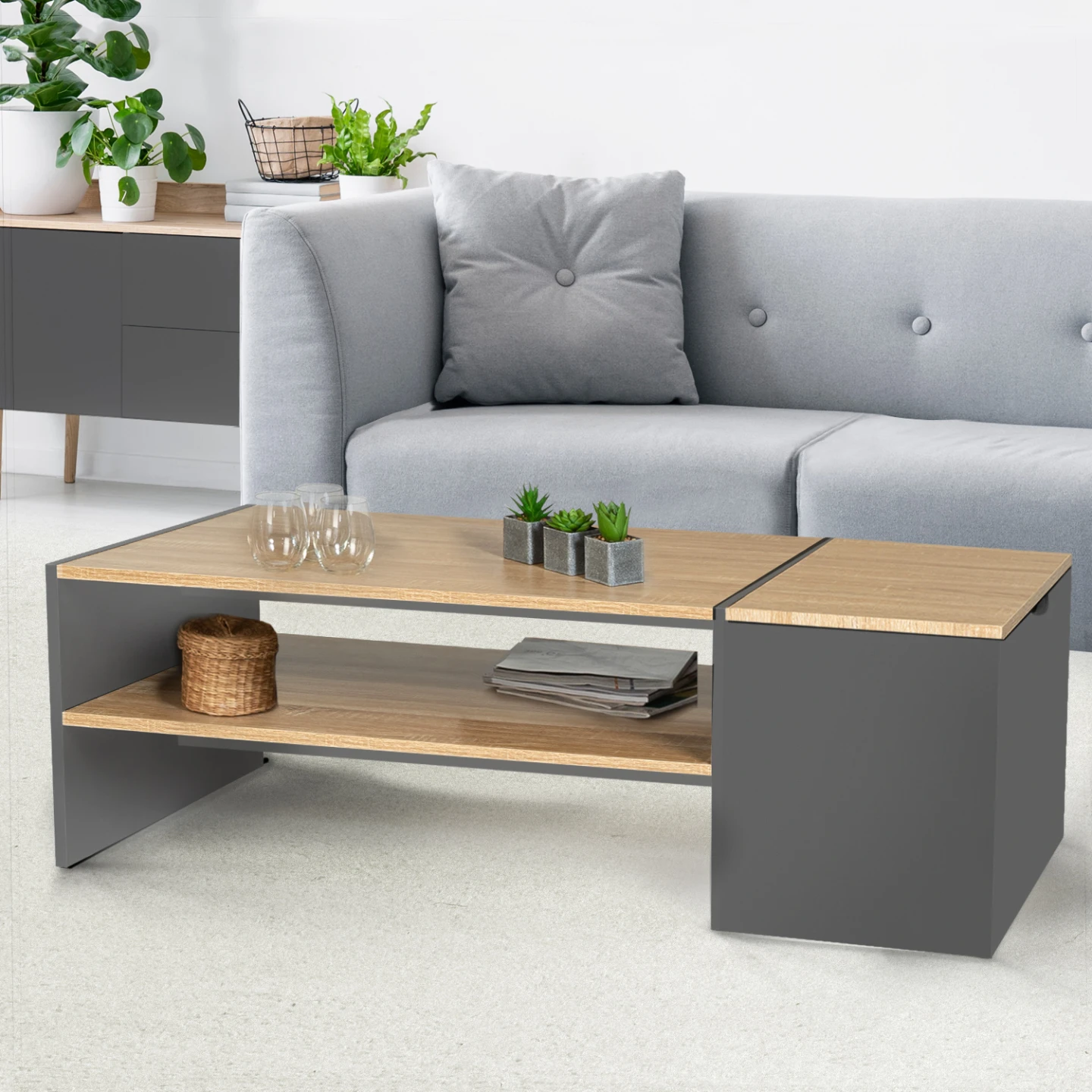 Table basse bar contemporaine rectangulaire IZIA avec coffre gris et plateaux bois