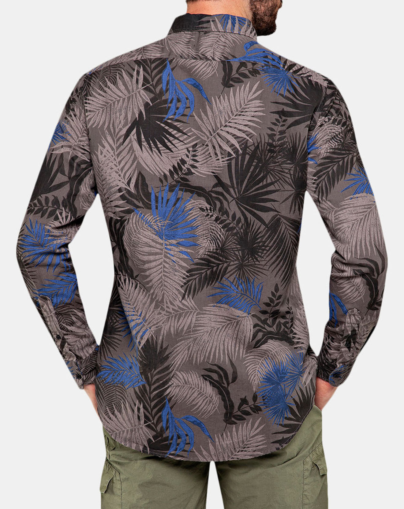 Replay Chemise ajustée en Coton & Lin Print Feuilles gris/bleu