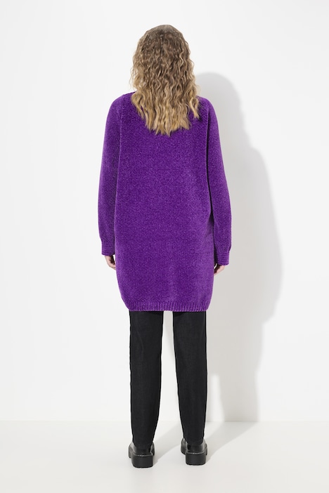 Chenille-Strickjacke, Oversized, V-Ausschnitt, offene Form
