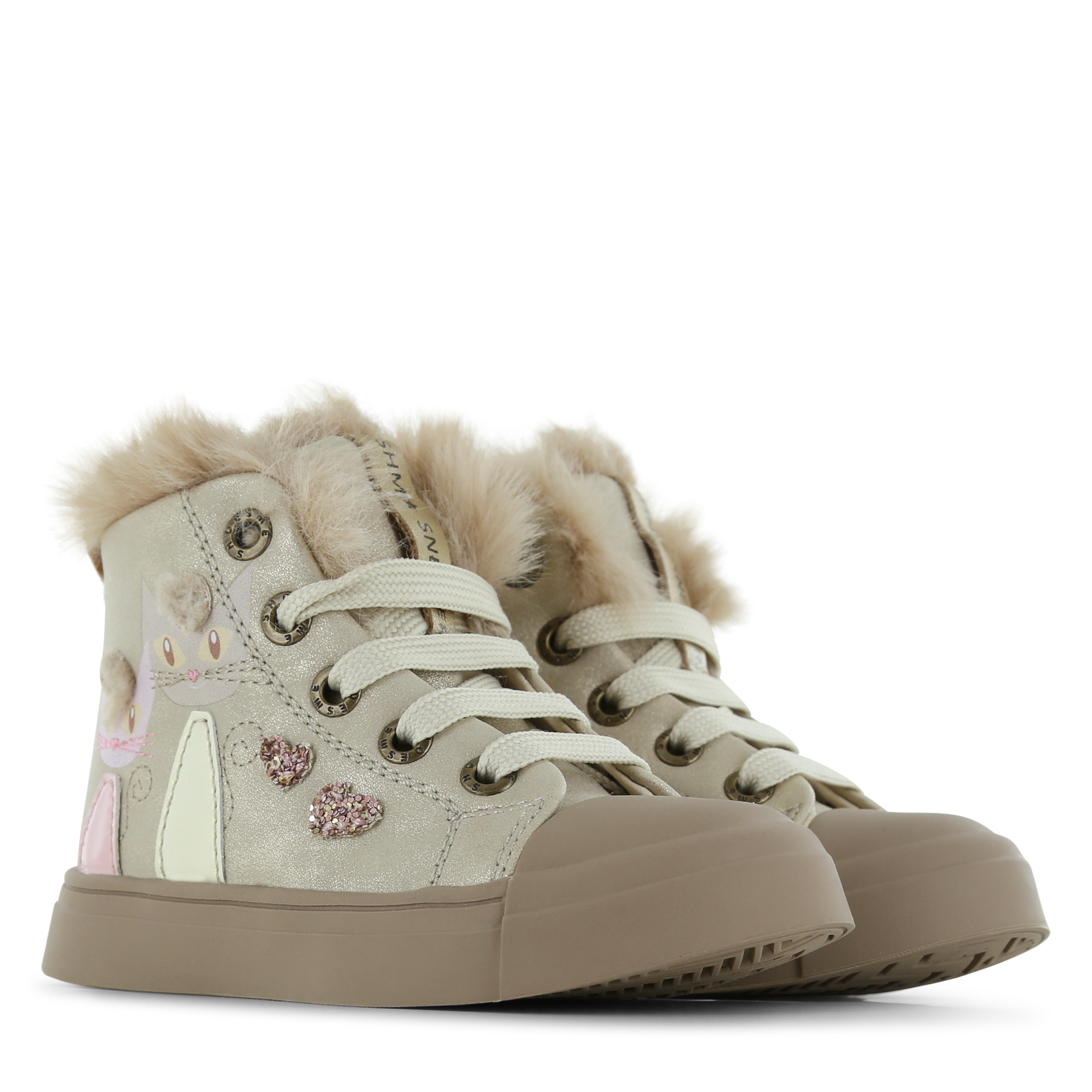 Shoesme gouden veterboot met katjes Microfiber leer | Sale