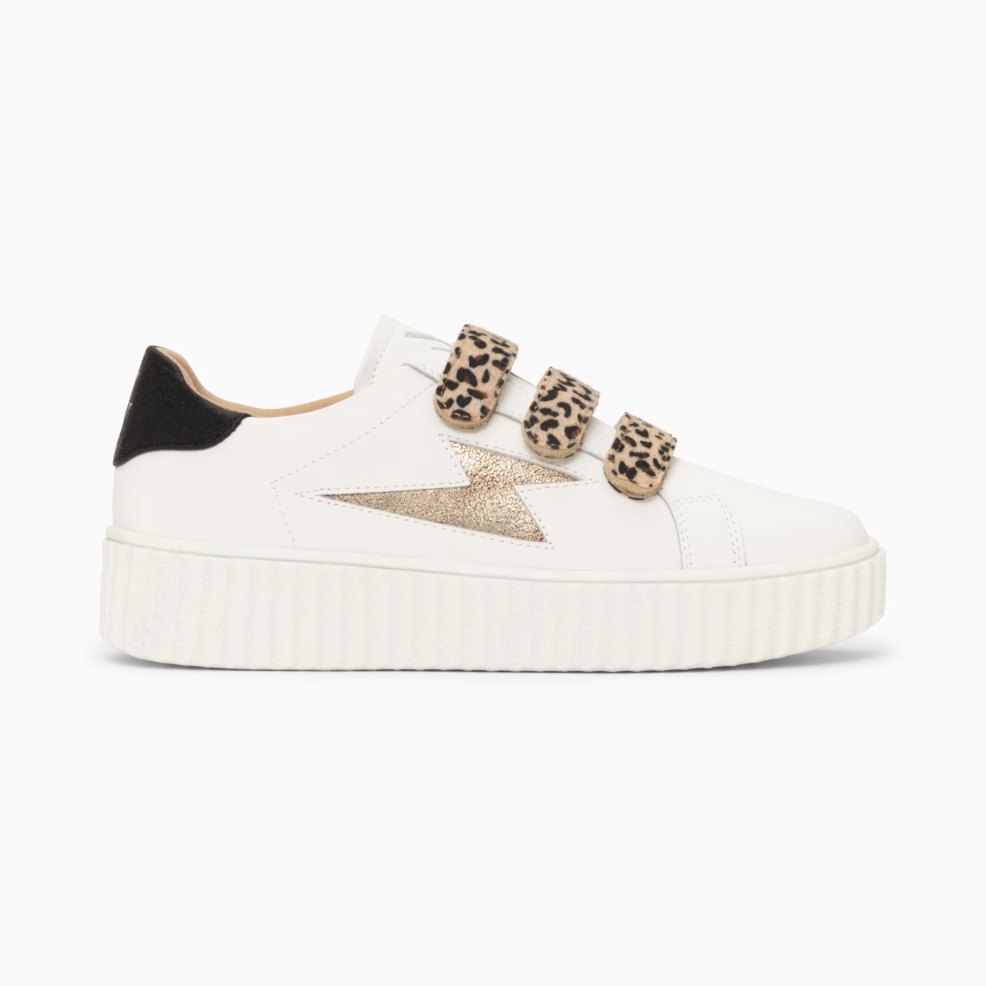 Sneakers-Baskets éclair Maggie blanc et or à scratchs léopard