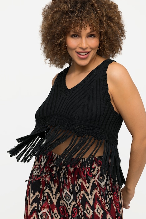 Stricktop, Fransensaum, A-Linie, V-Ausschnitt, ärmellos