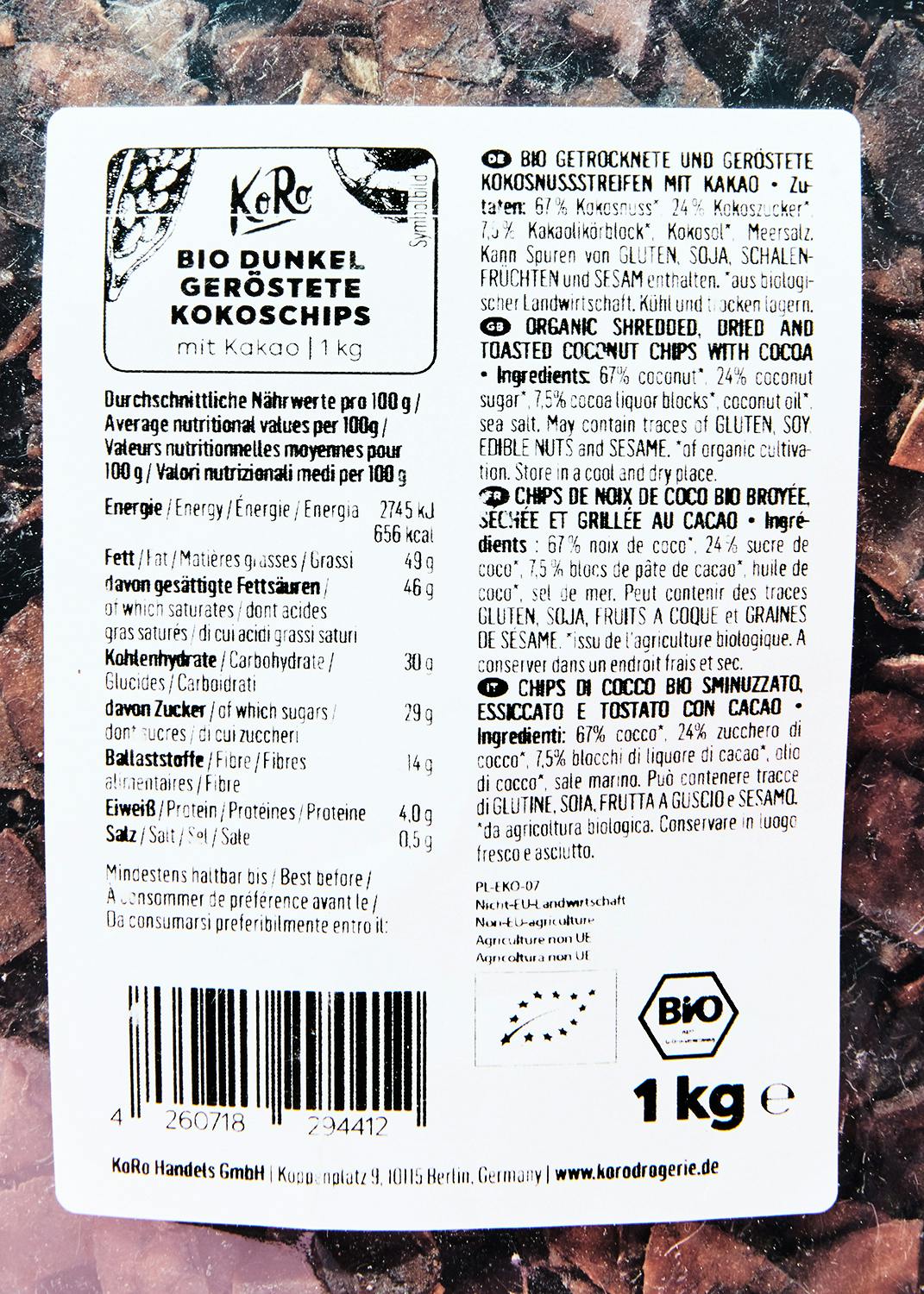 Dunkel geröstete Bio Kokoschips mit Kakao 1 kg